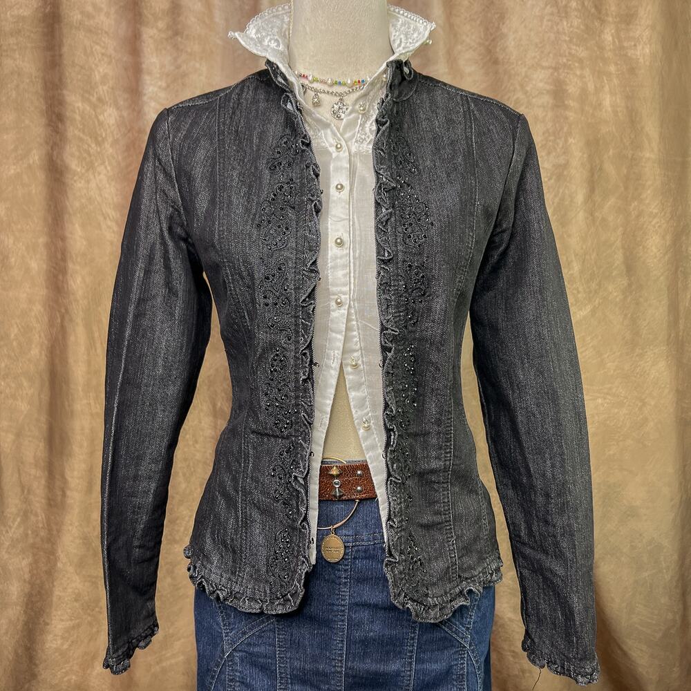dressbarn Dark Gray Embroidered Ruffle-Trim Jacket